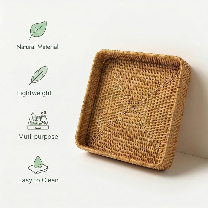 8.3" x 8.3" Wicker Tray, Woven Decorative Tray, Square Rattan Tray Bathroom - Image 7