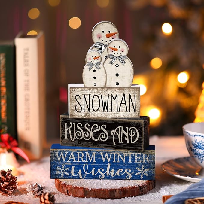 Lineshading 4 Pcs Winter Table Decor Wooden Snowman Decorations Winter Tiered - Image 5