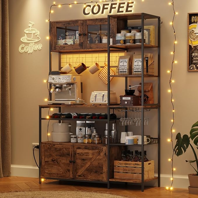 67 in Tall Bakers Rack with Power Outlet & LED Light, Coffee Bar Cabinet with 2 - Image 7