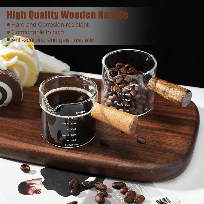 2 Pack Espresso Cups with Wood Handle, 75ML Double Spout Glass Measuring Cup - Image 6