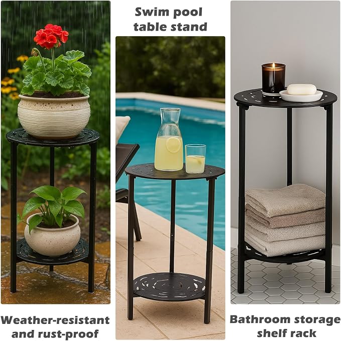 2-Tier Metal Round Side Table Black Accent Coffee Tables Small Space Corner - Image 7