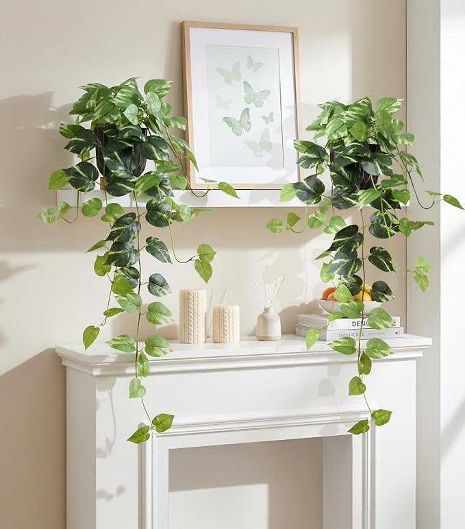 Fake Plants 2 Pcs Faux Pothos Plants Potted Indoor Artificial Hanging Plants - Image 8