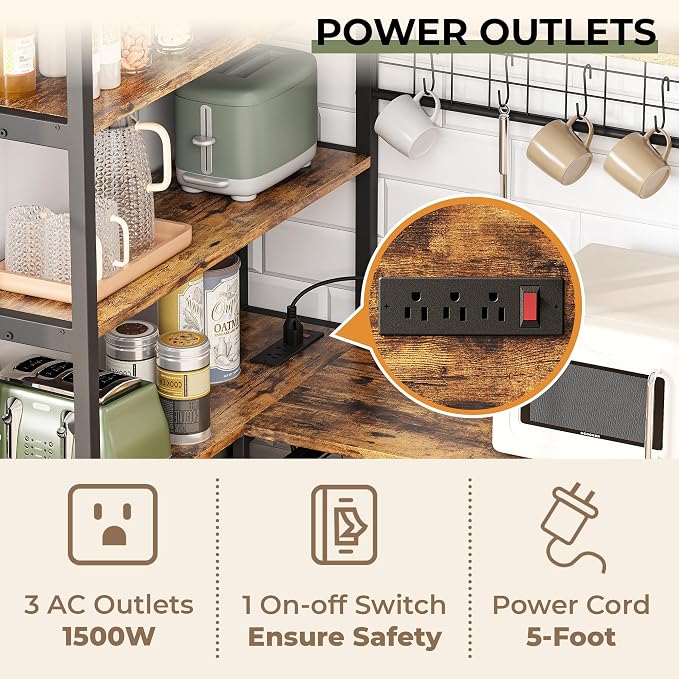 IRONCK Corner Bakers Rack with Power Outlet, Coffee Bar 6 Tier with Storage - Image 6