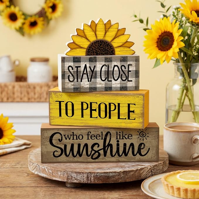 Lineshading 4 Pcs Farmhouse Sunflower Table Decorations Stackable Rustic Wooden - Image 2