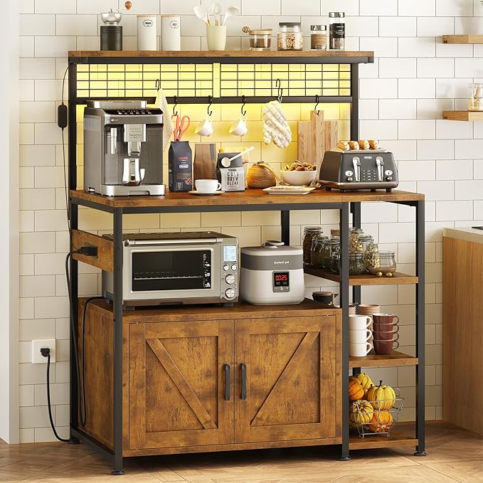 TVU Bakers Rack with Power Outlet and LED Light, Microwave Stand with Storage by TVU