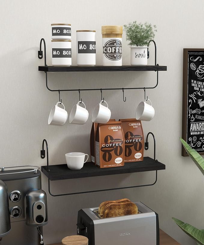 Wall Mount Floating Shelves, Wooden Coffee Bar Hanging Storage Shelf Rustic Cup - Image 3