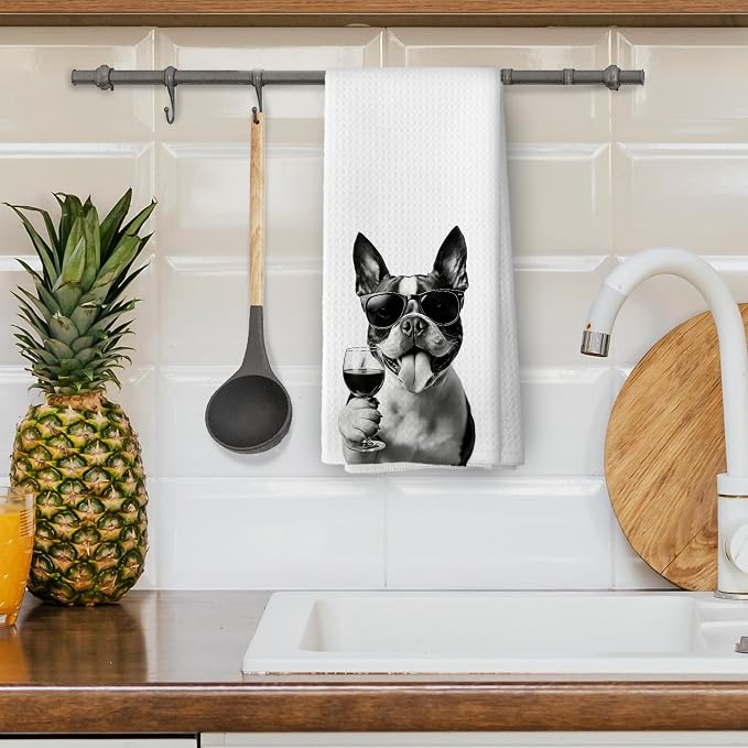 Funny Boston Terrier Wine Bar Kitchen Dish Towels, Boston Terrier Gifts - Image 4