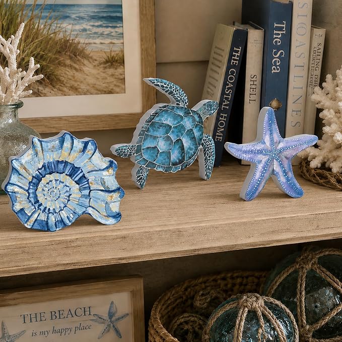 3 Pcs Beach Theme Wooden Tabletop, Sea Turtle Conch Starfish Decor Signs - Image 7