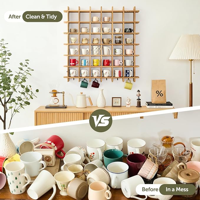 Oversize Coffee Mug Display Rack, 41 x 41 Inch Wooden Mug Shelf - Image 3