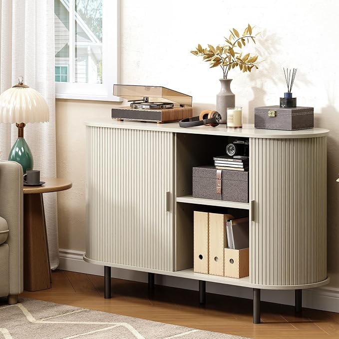 Buffet Cabinet with Storage, Fluted Sideboard Buffet with Sliding Door - Image 6