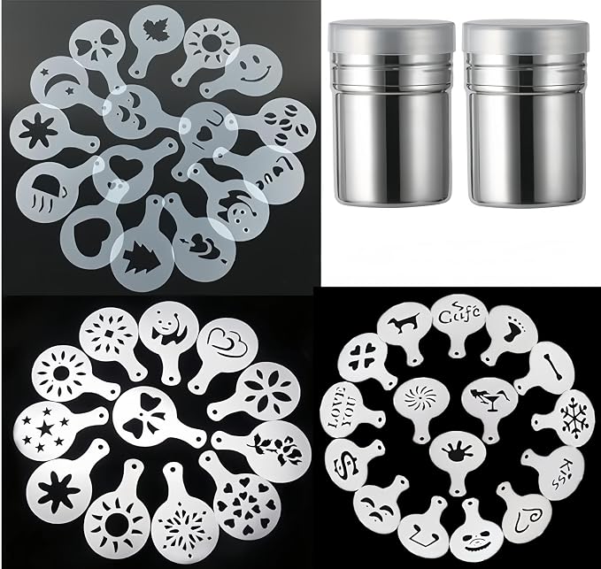 44 Coffee Stencils+2 Mesh Powder Shakers, Coffee Decoration Stencils Coffee Art by Magnoloran