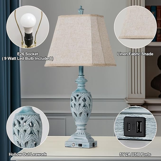 29.5"H Touch Control Traditional Table Lamp Set of 2, Vintage Bedside Lamp - Image 2