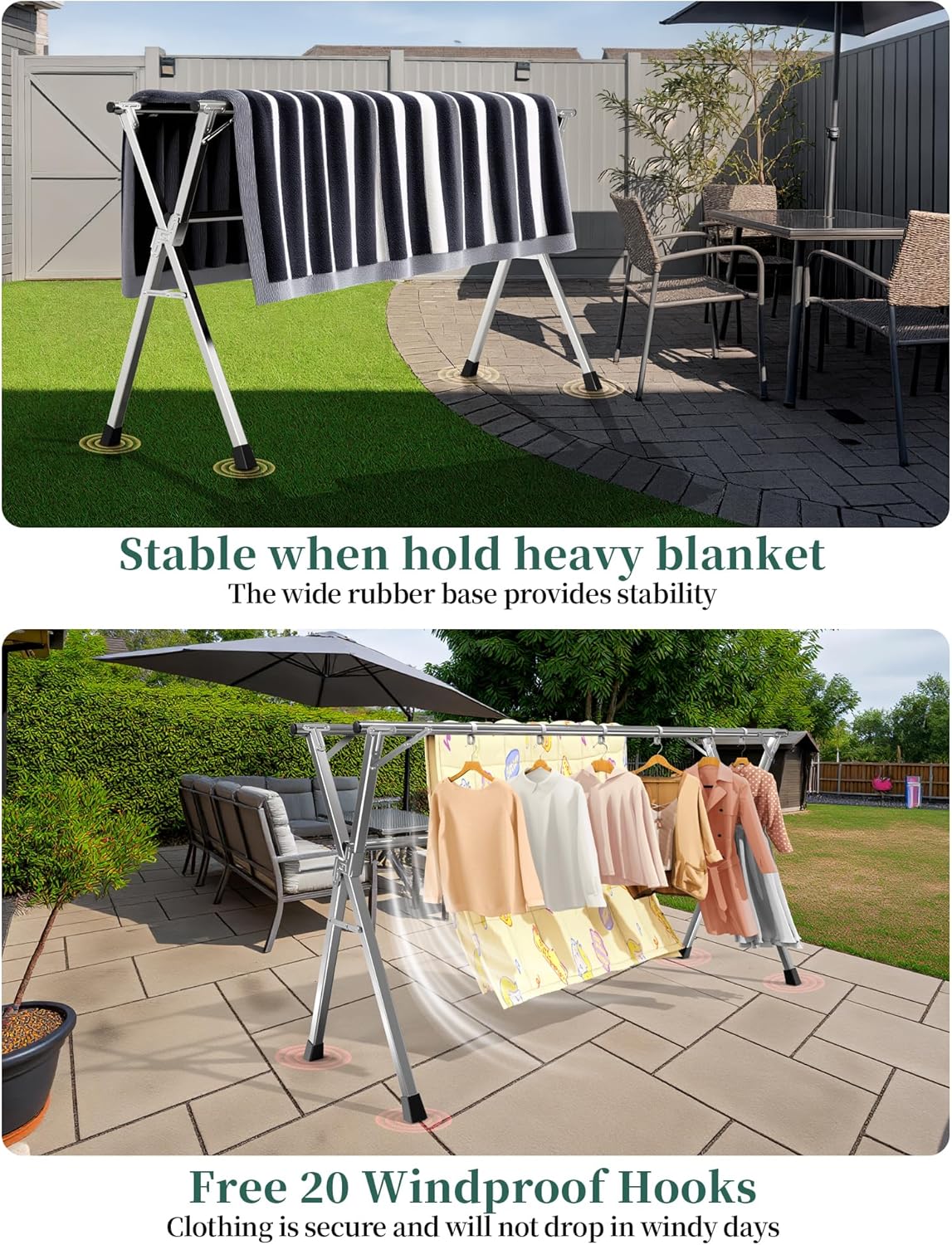 95 Inches Heavy - Duty Stainless Steel Folding Clothes Drying Rack Indoor Outdoor Anti-Rust 20 Windproof Hooks Portable & Foldable Laundry Rack (95'')