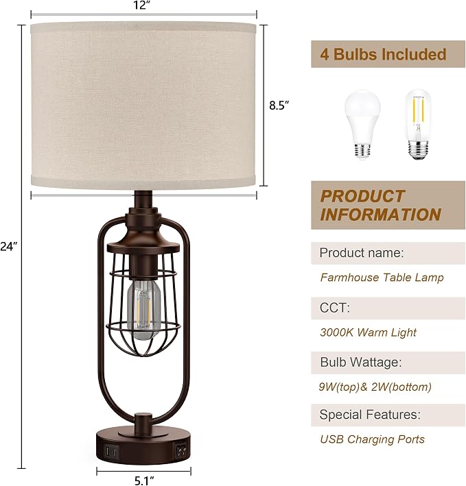 Table Lamps for Living Room Set of 2, Farmhouse Lamps for Night Stands - Image 6