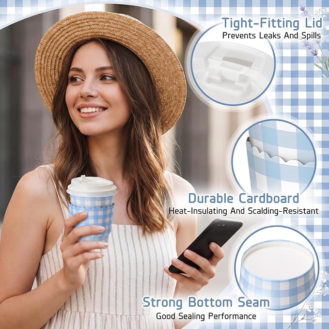 Mimorou 48 Set Blue Gingham Disposable Coffee Cups - Image 4