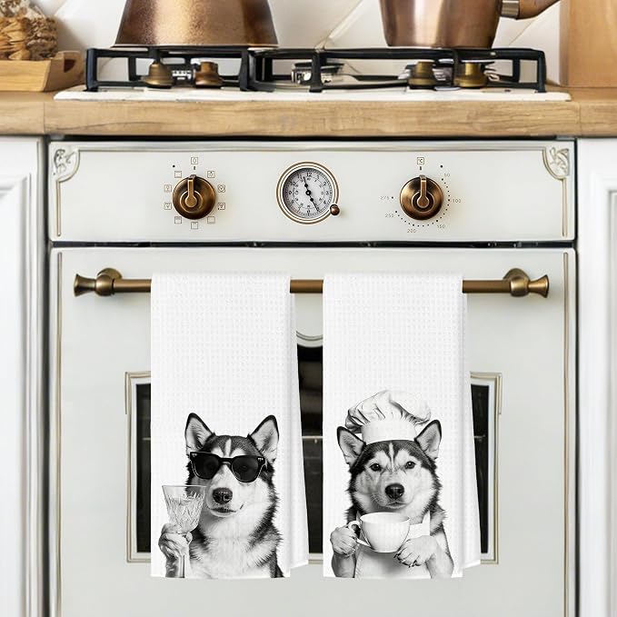Funny Husky Kitchen Towels Set of 2, Dog Kitchen Bar Accessories, Dog Chef Gifts - Image 2