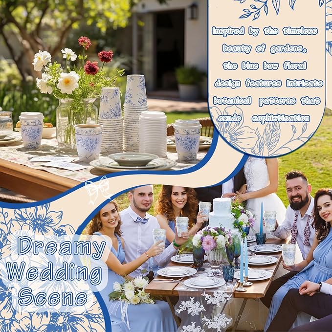 Vesici 60 Set 14oz Blue Bow Floral Disposable Coffee Cups - Image 6