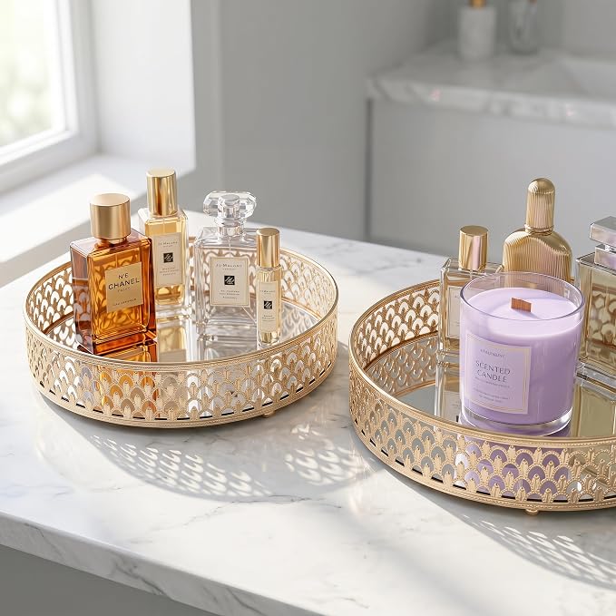 12 Inch Glass and Gold Round Tray Set of 2，Dinner Plate Perfume and Vanity Tray - Image 4