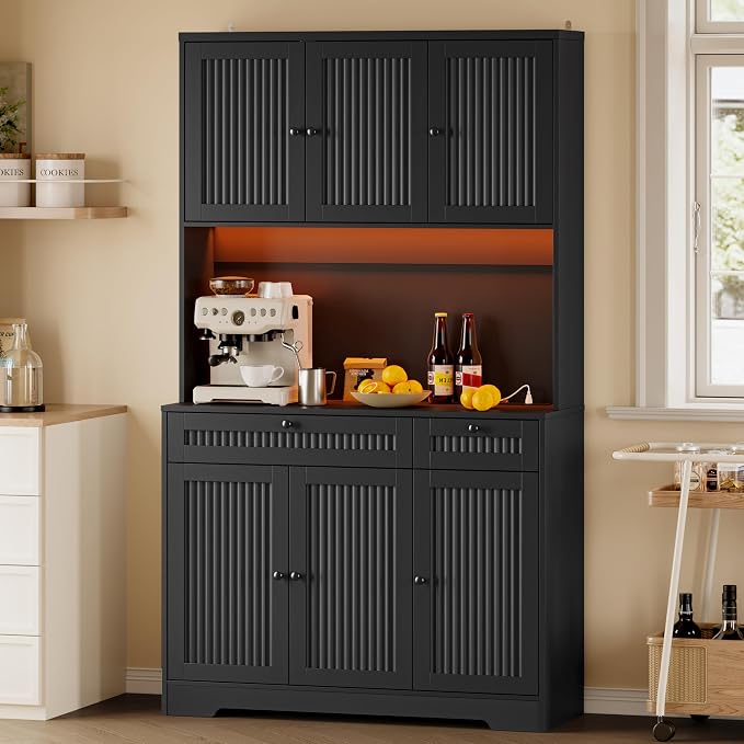 BORNOON Pantry Cabinet with Charging Station and Light, Tall Kitchen Pantry by BORNOON