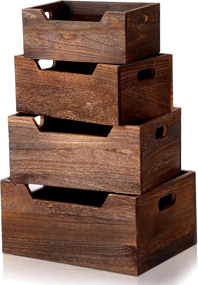 Chunful 4 Pack Wood Crates Nesting Storage Baskets Decorative Farmhouse Wooden - Image 7