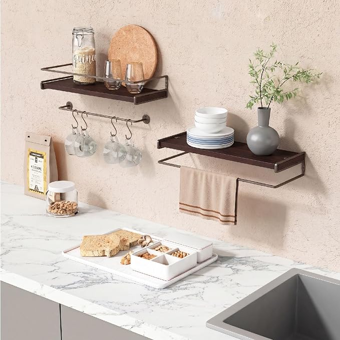Forbena Dark Brown Kitchen Shelves Wall Mounted Set of 2, Walnut Brown Floating - Image 2