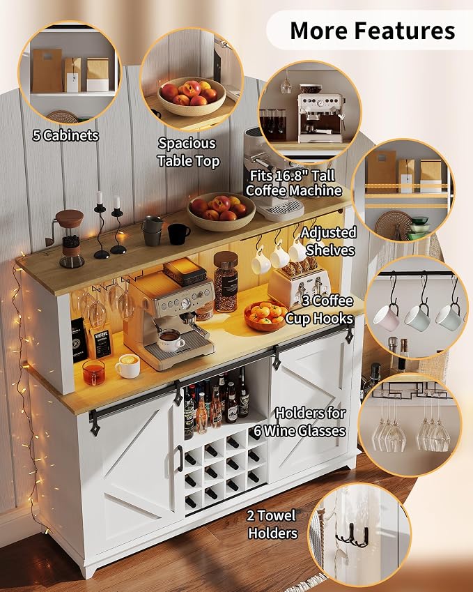 Patikuin Farmhouse Coffee Bar Cabinet 55" – Sliding Barn Door, LED Light - Image 3