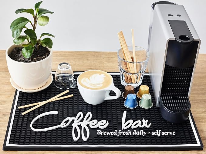Brewed Fresh Daily Silicone Coffee Bar Mat 18x12 in, Self Serve Coffee Station by CALUVAR