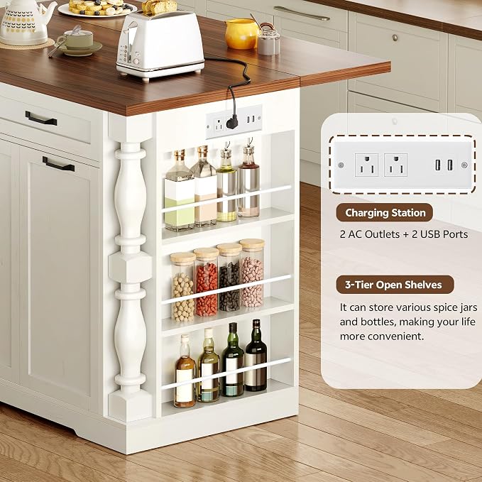 Kitchen Island with Power Outlet & Trash Cabinet, 47.6" Roman Style Rolling - Image 5
