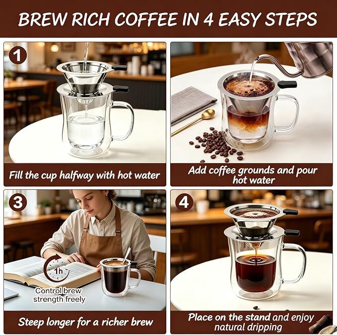 2-in-1 Immersion & Pour Over Coffee Maker, Reusable Stainless Steel Pour Over - Image 6