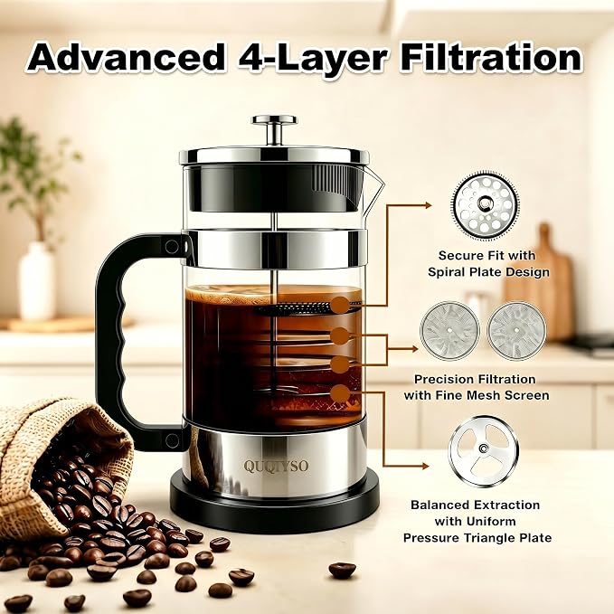QUQIYSO French Press Coffee Maker, 2.5mm Thick Borosilicate Glass, 4 Layer - Image 3