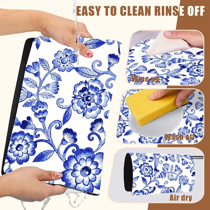 Dish Drying Mat Watercolor Blue Flowers Coffee Bar Mat - Image 5