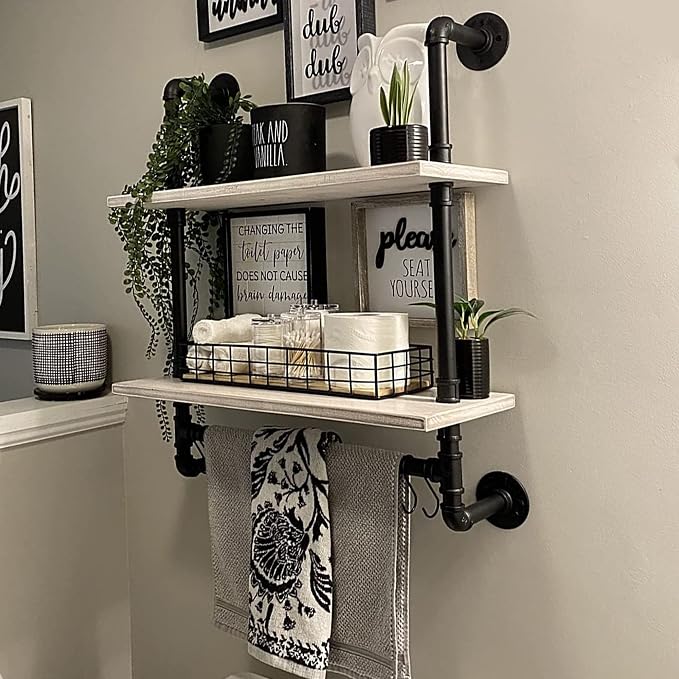 ROGMARS White Floating Shelves for Wall Bathroom 24 Inch, Industrial Pipe by 100RealSolidWood