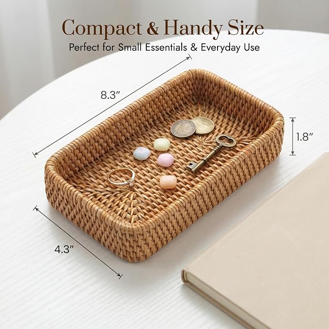 8.3" x 4.3" Small Natural Rattan Storage Tray, Decorative Handwoven Wicker - Image 2