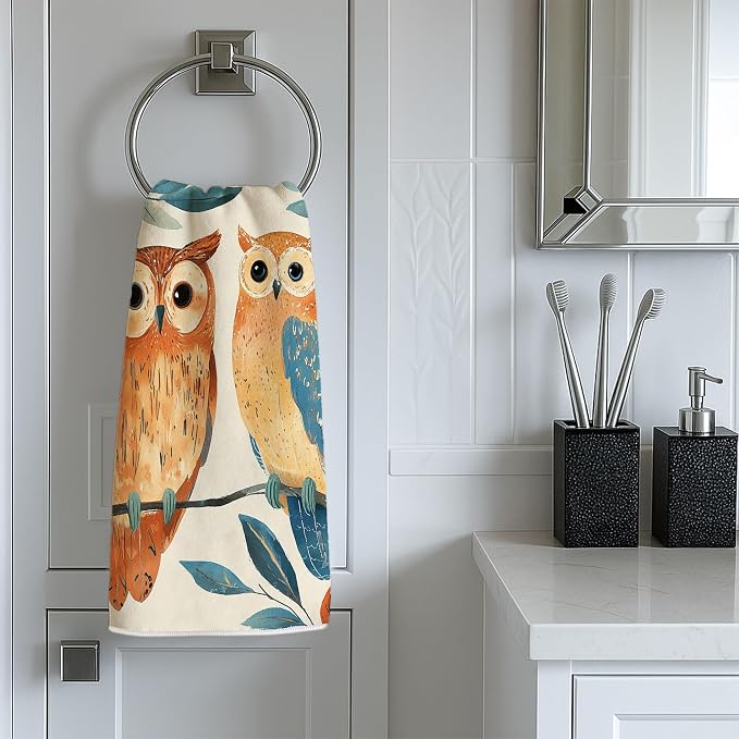 Owls Kitchen Towels Set of 4, Nature Fanciful Leaves Branches Fall Brown - Image 2