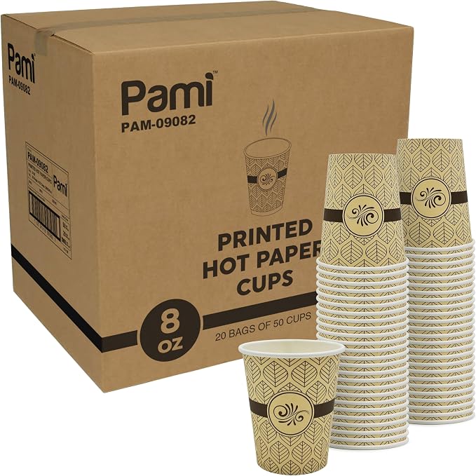 PAMI Disposable Coffee Cups, Single-Use Paper Cups, To-Go Hot Beverage Cups by PAMI