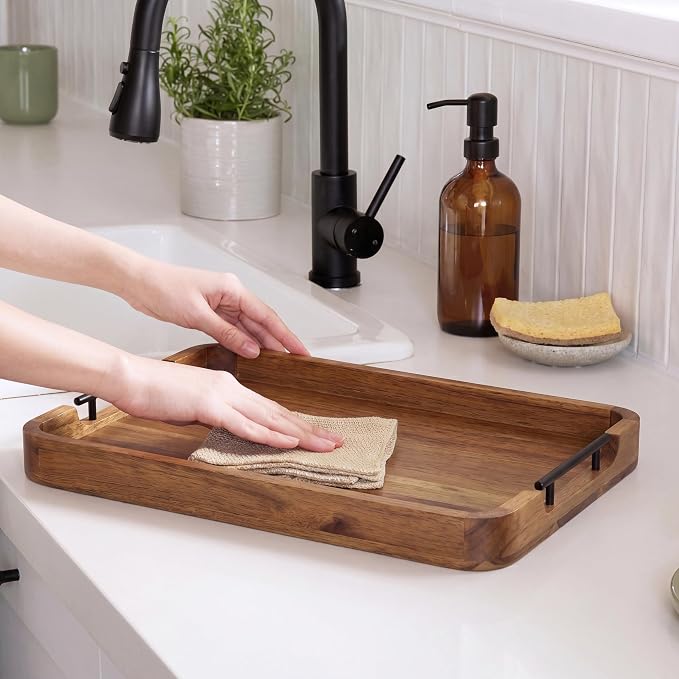 ZUJJAFY Serving Tray with Metal Handles, 17 x 13 in Acacia Wood Tray - Image 5