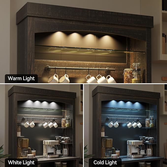Takywep Tall Coffee Hutch with LED Lights Tall CoffeeBar Cabinet Farmhouse - Image 7