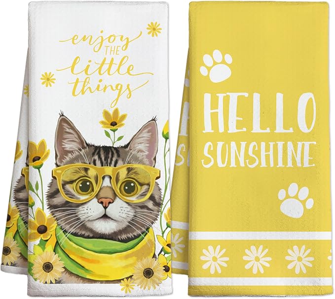 Yellow Flowers Cat Towels, Spring Summer Kitchen Towels, Cute Waffle Weave Dish by RPLCSPC