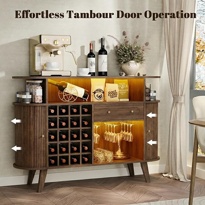 Loomie Wine Bar Cabinet with LED Light, Mid Century Modern Liquor Cabinet– - Image 6