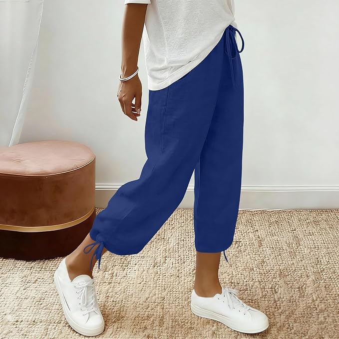 Linen Capri Pants for Women Drawstring Elastic Wide Leg Trouser 2026 Summer - Image 2