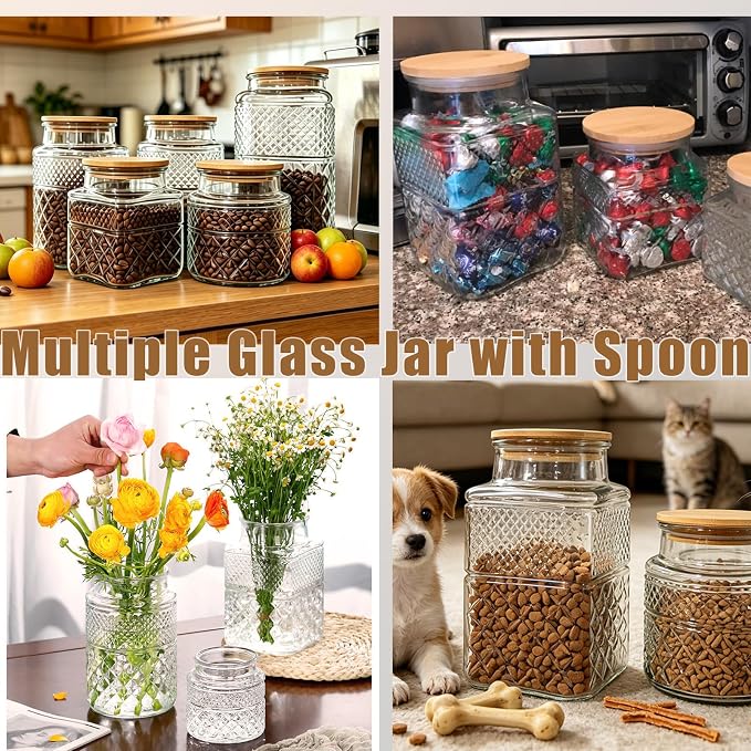 Viovian Vintage Glass Jar with Lid Wood Spoon 60 OZ Round Thick Glass Storage - Image 7
