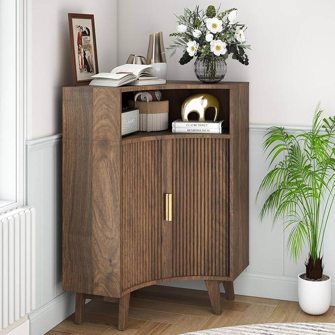 Fluted Corner Cabinet with Open Storage, Modern Floor Cabinets with Sliding - Image 3
