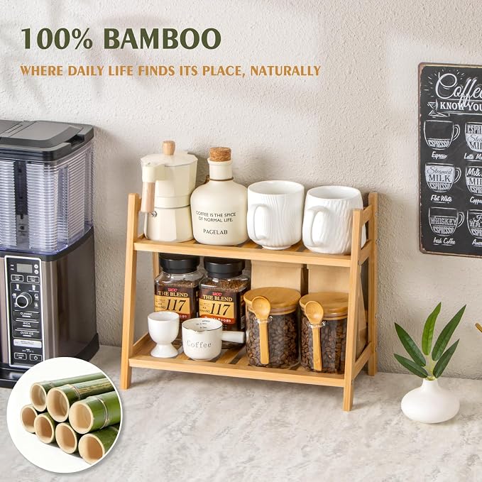 ANBOXIT Bamboo Matcha Station Organizer, Countertop 2 Tier Desktop Shelf - Image 3