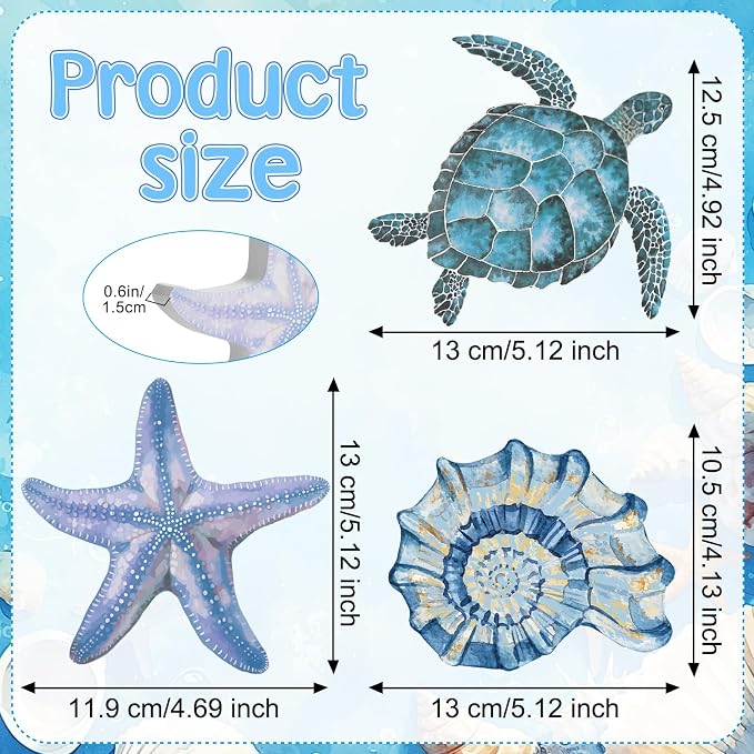 3 Pcs Beach Theme Wooden Tabletop, Sea Turtle Conch Starfish Decor Signs - Image 2