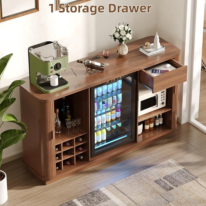 Coffee Bar Cabinet with Fridge Space, Liquor Wine Bar Cabinets with Wine Rack - Image 6