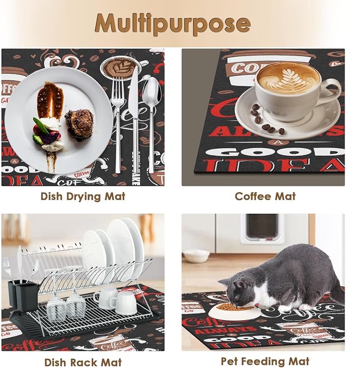 Arttown Coffee Mat for Countertops, Funny Abstract Cartoon Red Dish Drying Mat - Image 6