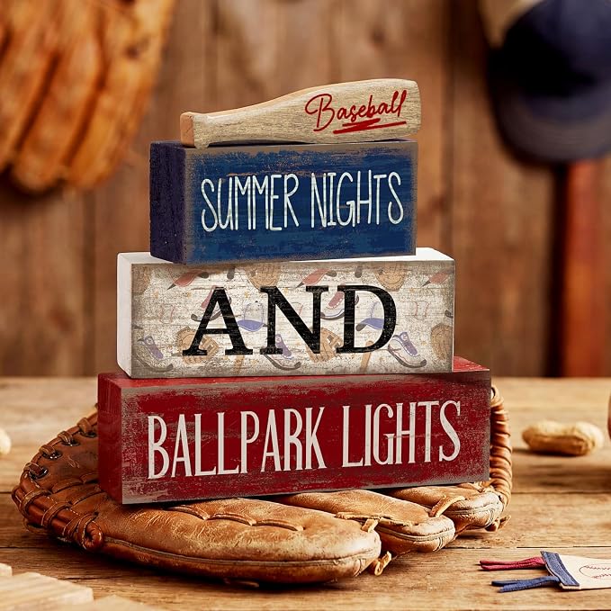 Lineshading 4 Pcs Baseball Decorations Stacked Wooden Blocks Signs - Image 7