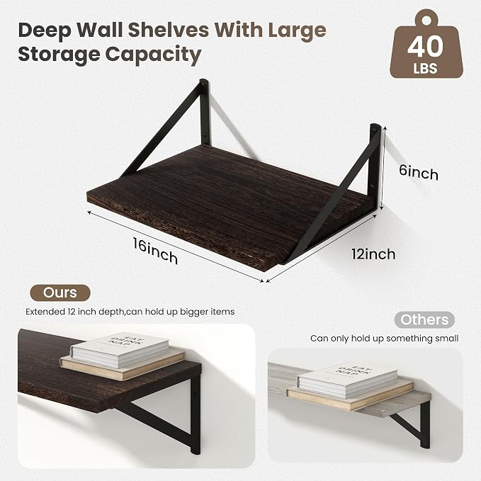 Marsmiles Deep Floating Shelves | 12 Inch Deep Wood Wall Shelves Set of 2 | - Image 3