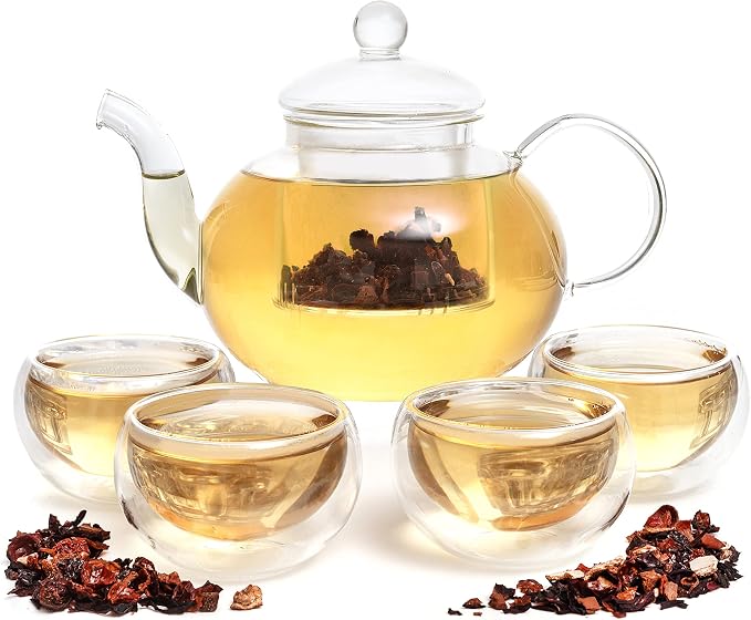 Moss & Stone Glass 27oz Tea Kettle Infuser & 4 Tea Cups Gift Set, Borosilicate by Mossstone