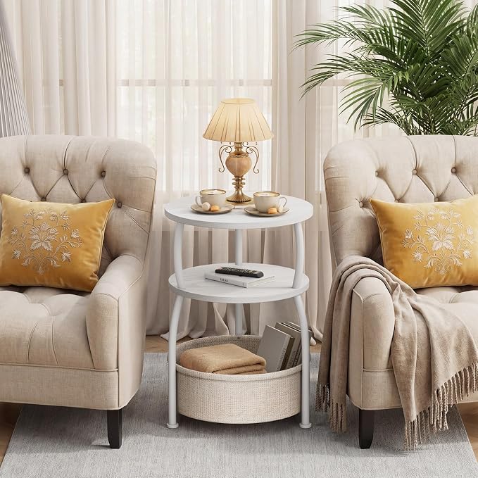 Round Side Table with Storage Basket, End Table Living Room, 15.7in | Side - Image 5